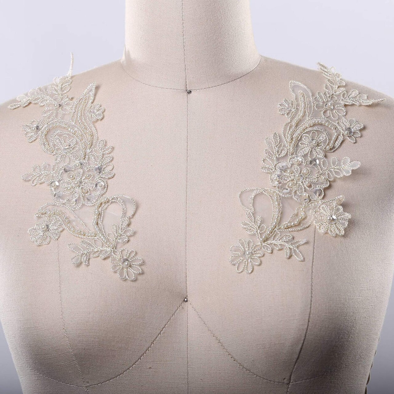 Beige Lace Applique Pair Sequin Beaded Alencon Style Bridal Costume Embellishment